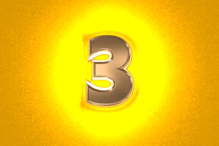 aged gold or copper metal alphabet with intense yellow noisy backlight - number 3 isolated on orange, 3D illustration of symbolsの写真素材