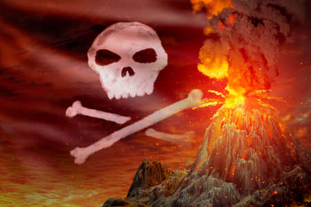 conical volcano eruption at night with explosion on Pirate flag background, troubles because of disaster and volcanic ash conceptual 3D illustration of natureの写真素材