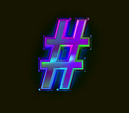 Colorful dichroic film alphabet - number sign isolated on gray background, 3D illustration of symbolsの写真素材