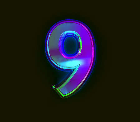 Colorful dichroic film alphabet - number 9 isolated on gray, 3D illustration of symbols