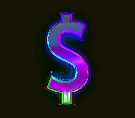 Colorful dichroic film alphabet - dollar - peso sign isolated on gray background, 3D illustration of symbolsの写真素材