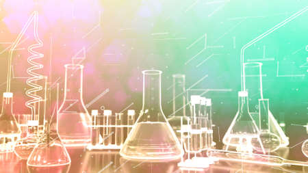 laboratory proofs and other various glassware - digital style pharmaceutical concept or aromatherapy background, 3D illustration of objectsの写真素材