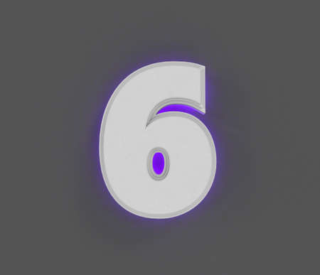 Gray concrete alphabet with purple backlight - number 6 isolated on gray background, 3D illustration of symbolsの写真素材