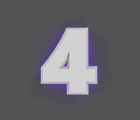 Gray concrete alphabet with purple backlight - number 4 isolated on gray background, 3D illustration...