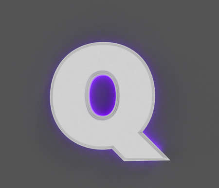 Gray stone alphabet with purple backlight - letter Q isolated on gray background, 3D illustration of...