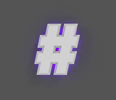 Gray stone alphabet with purple backlight - number sign isolated on dark gray, 3D illustration of...