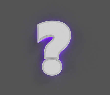 Gray concrete font with purple backlight - question mark isolated on dark gray, 3D illustration of symbolsの写真素材