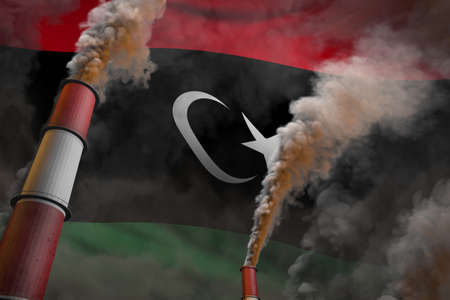 Libya pollution fight concept - two big industrial chimneys with heavy smoke on flag background, industrial 3D illustrationの写真素材
