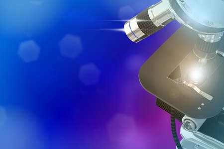 medical discovery concept, object 3D illustration - laboratory hi-tech scientific microscope with flare on selective focus backgroundの写真素材