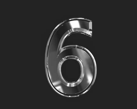 White shiny glassy clear font - number 6 isolated on dark, 3D illustration of symbols