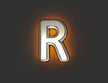 Silver metal font with outline and orange backlight - letter R isolated on dark, 3D illustration of symbolsの写真素材