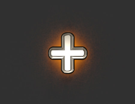 Silver brassy font with outline and yellow noisy backlight - plus isolated on gray background, 3D illustration of symbolsの写真素材