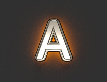 Silver metalline alphabet with outline and yellow noisy backlight - letter A isolated on gray background, 3D illustration of symbolsの写真素材