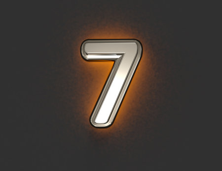 Silver metallic alphabet with outline and yellow noisy backlight - number 7 isolated on gray...