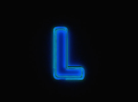 Blue - green neon light glow glass made clear font - letter L isolated on black dark, 3D illustration of symbolsの写真素材