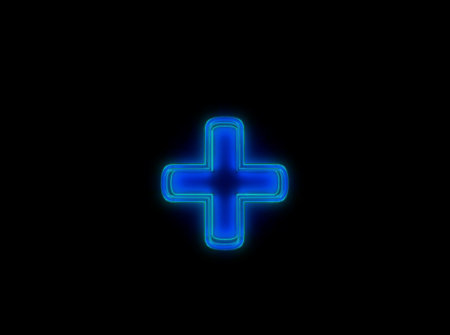 Blue - green neon light glow reflective clear alphabet - plus isolated on black dark, 3D illustration of symbolsの写真素材