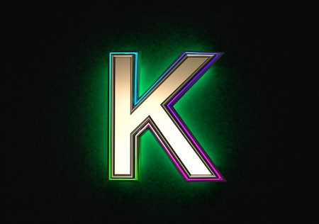 Gray metallic with colorful dichroic glass outline and green backlight alphabet - letter K isolated on dark, 3D illustration of symbolsの写真素材
