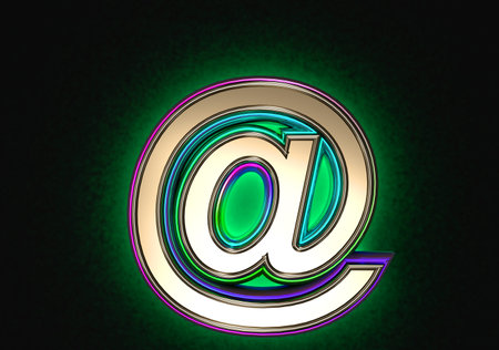 Gray brassy with colorful dichroic glass outline and green backlight font - at sign isolated on dark, 3D illustration of symbolsの写真素材