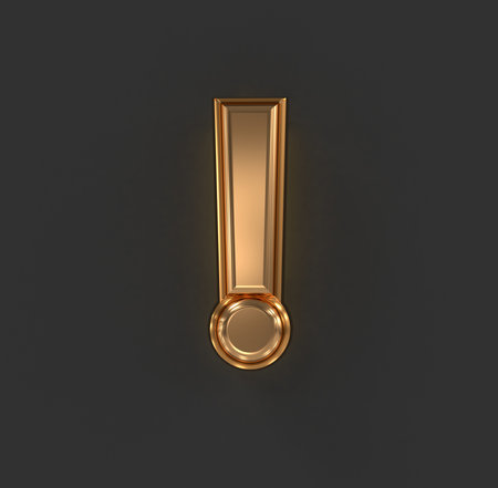 aged orange gold or copper brassy font - exclamation point isolated on gray, 3D illustration of symbolsの写真素材