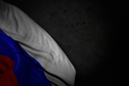 pretty dark photo of Russia flag with large folds on black stone with free place for your content - any occasion flag 3d illustrationの写真素材