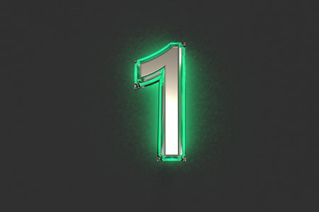 Silver metallic with emerald outline and green backlight alphabet - number 1 isolated on gray background, 3D illustration of symbolsの写真素材