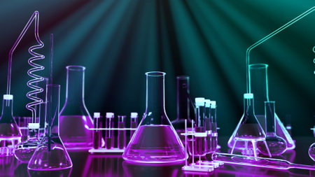 lab test-tubes and other various glassware with light rays - science concept or biology background, 3D illustration of objectsの写真素材