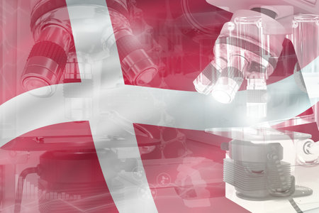 Denmark science development conceptual background - microscope on flag. Research in biochemistry or pharmacy, 3D illustration of objectの写真素材