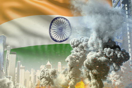huge smoke column with fire in the modern city - concept of industrial disaster or act of terror on...