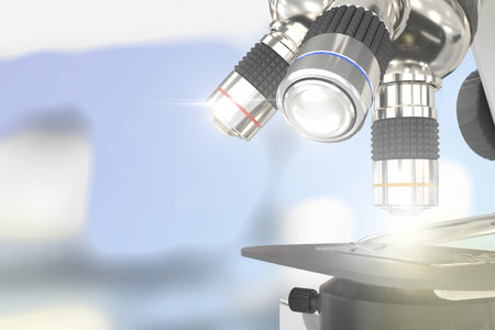 chemical development concept, laboratory hi-tech scientific microscope with flare on bokeh...