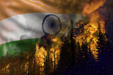 Forest fire natural disaster concept - flaming fire in the woods on India flag background - 3D illustration of natureの写真素材