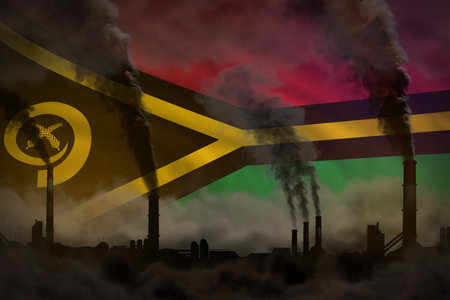 dense smoke of plant chimneys on Vanuatu flag - global warming concept, background with space for your text - industrial 3D illustrationの写真素材