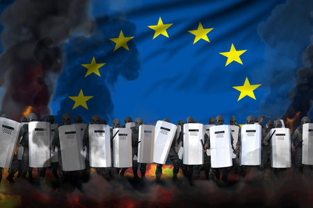 European Union police swat in heavy smoke and fire protecting state against demonstration - protest...