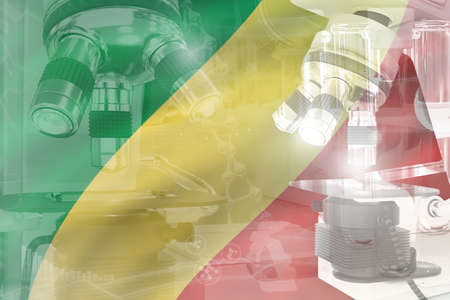 Congo science development conceptual background - microscope on flag. Research in biology or pharmacy, 3D illustration of objectの写真素材