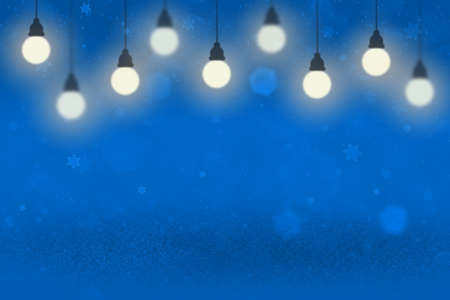 blue fantastic sparkling abstract background glitter lights with light bulbs and falling snow flakes...