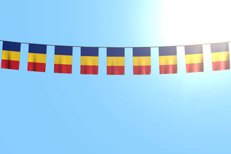 wonderful many Romania flags or banners hanging on string on blue sky background - any feast flag 3d illustrationの写真素材