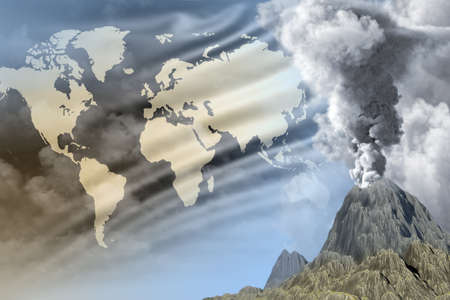 conical volcano blast eruption at day time with white smoke on World flag background, problems of eruption and volcanic ash concept - 3D illustration of natureの写真素材