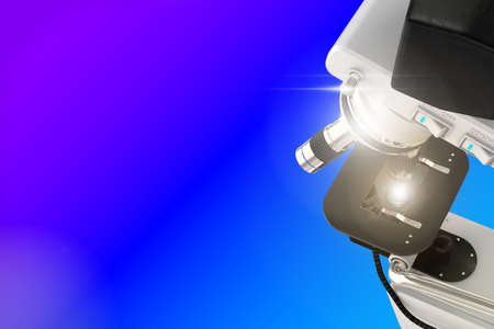 nano technology discovery concept, object 3D illustration of lab electronic scientific microscope with flare on gradient backgroundの写真素材