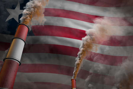Pollution fight in Liberia concept - industrial 3D illustration of two huge industrial chimneys with heavy smoke on flag backgroundの写真素材