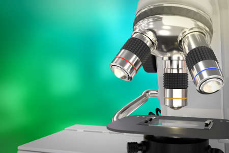 biochemistry development concept, object 3D illustration - lab electronic scientific microscope on bokeh backgroundの写真素材