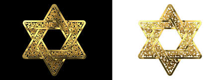 goldish ornamental tracery david star isolated, digital object 3D illustration