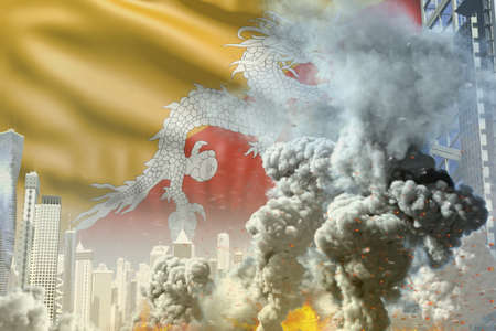 huge smoke pillar with fire in abstract city - concept of industrial accident or terrorist act on...