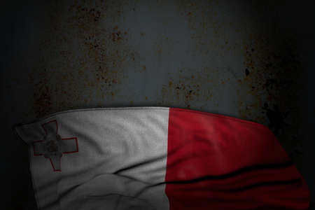 cute anthem day flag 3d illustration - dark picture of Malta flag with large folds on rusty metal with empty space for your contentの写真素材