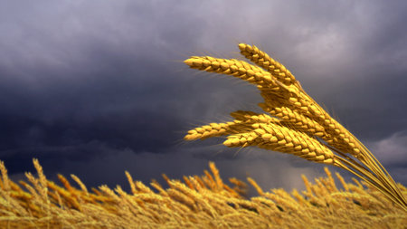 wheat spikelets field with stormy clouds, cgi nature 3D renderingの写真素材