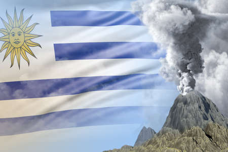 stratovolcano blast eruption at day time with white smoke on Uruguay flag background, troubles because of disaster and volcanic ash conceptual 3D illustration of natureの写真素材