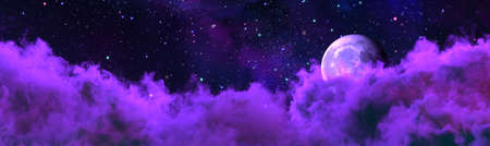 backdrop - panorama of huge clouds and moon. digital nature 3D illustrationの写真素材