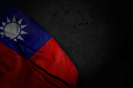 pretty any occasion flag 3d illustration - dark illustration of Taiwan Province of China flag with big folds on black stone with empty space for your textの写真素材