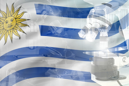 Microscope on Uruguay flag - science development conceptual background. Research in microbiology or pharmaceutical industry, 3D illustration of objectの写真素材