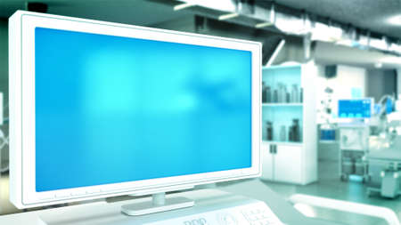 blue screen monitor with free space - medical healing mockup - cg object 3D rendering