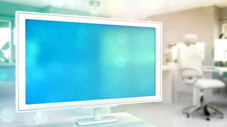 cute mockup - blue screen monitor in office with empty place - cg object 3D illustration