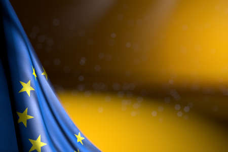 cute image of European Union flag hanging diagonal on yellow with selective focus and empty space for content - any holiday flag 3d illustrationの写真素材